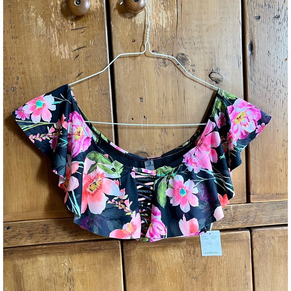 NWT TiniBikini Floral Tropical Flutter Sleeve Bikini Top, S, TOP ONLY